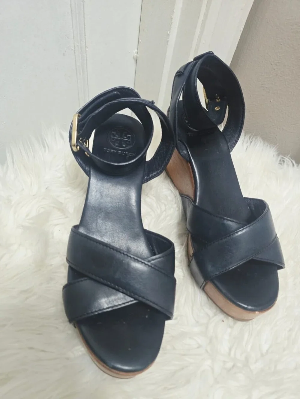 Tory Burch Almita Black Leather Ankle Strap Platform Wedge Sandals size 8.5M